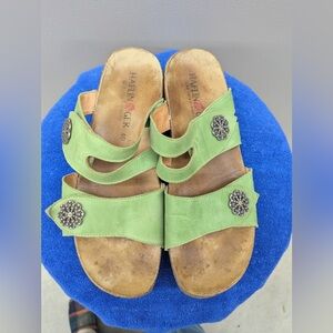 Haflinger Pansy Size 40 Green Leather 2 Strap Slide Sandals